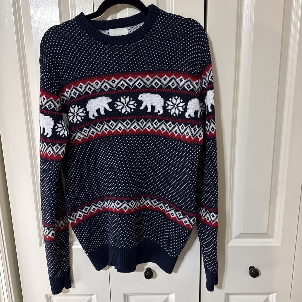 Aspen Mens Medium Polar Bear Christmas Sweater Navy Blue Red White Fair Isle